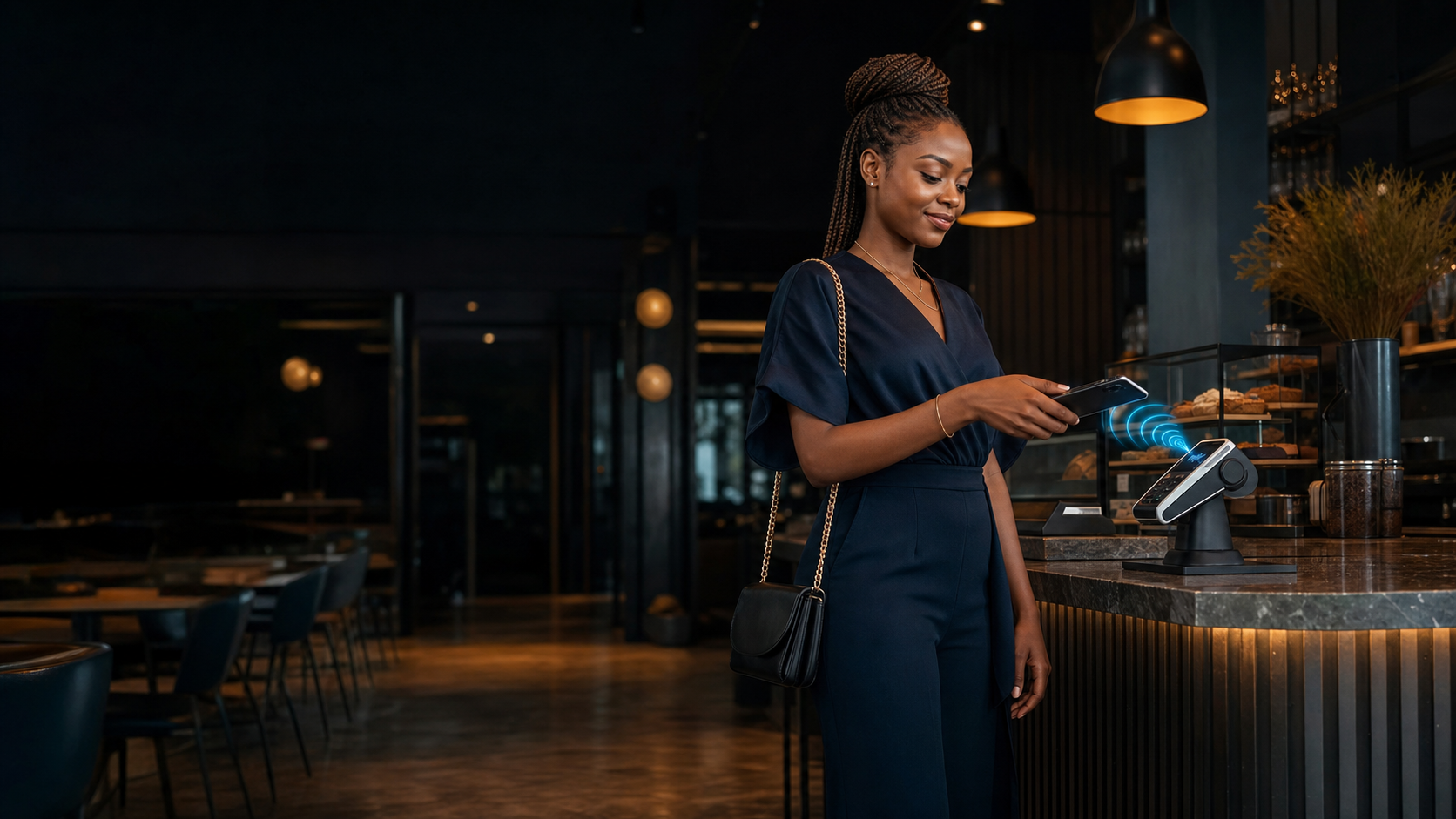 Customer using PAYYER Tap to Pay at a contactless terminal